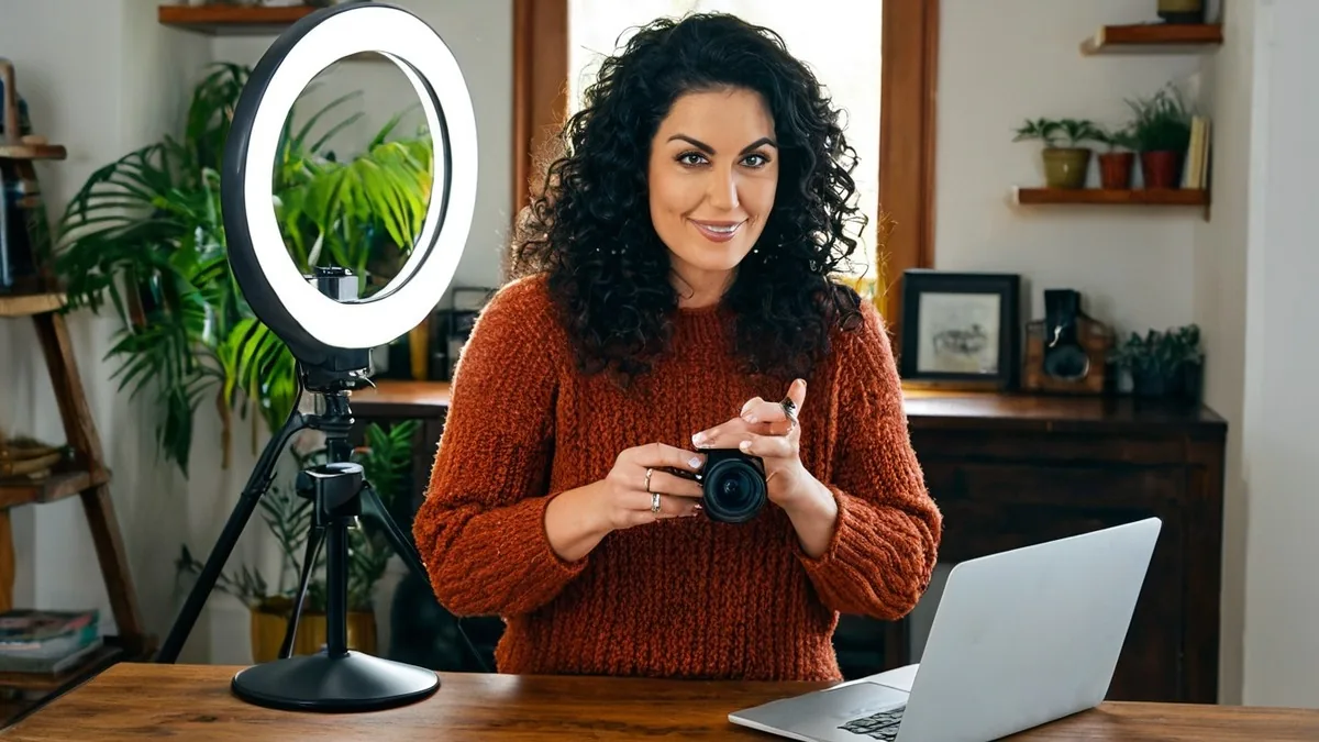 Woman with long dark curly hair in a rust sweater holding a compact camera beside a ring light and laptop in a plant-filled home studio