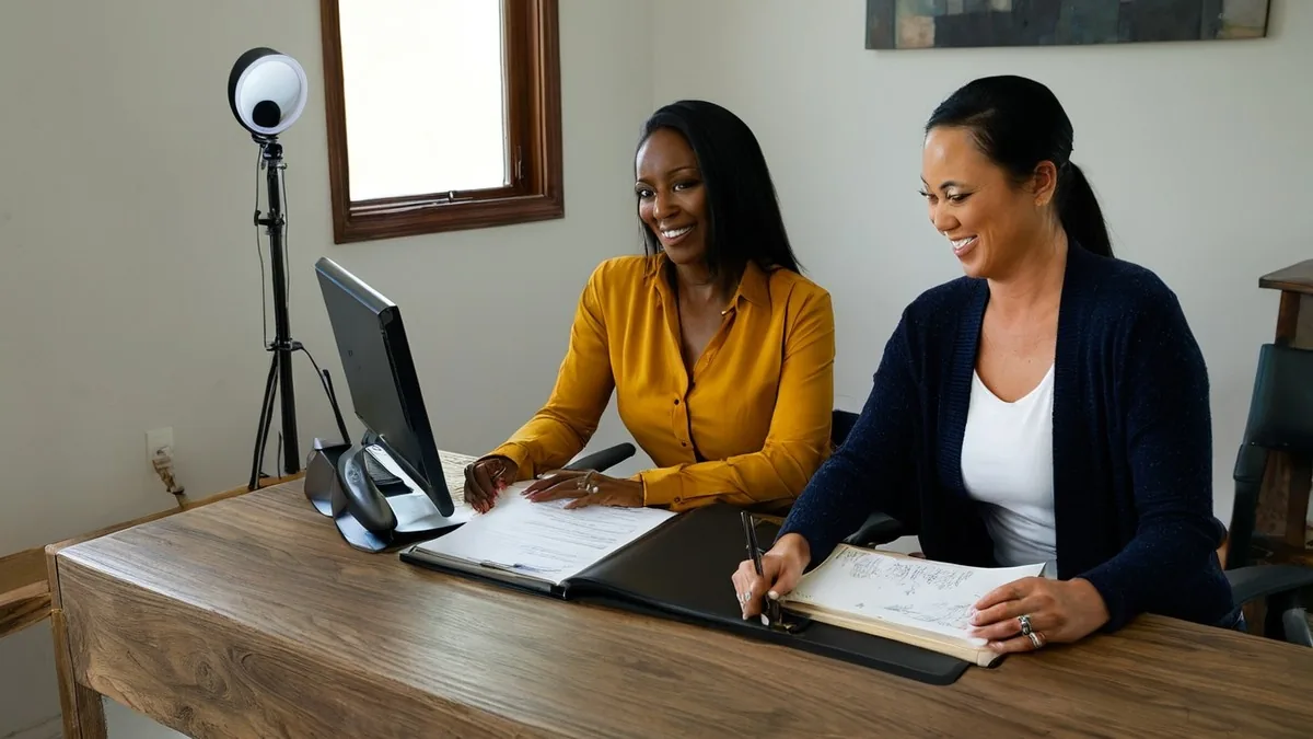 Two women at a wooden desk reviewing notes and paperwork beside a desktop monitor and a small lamp
