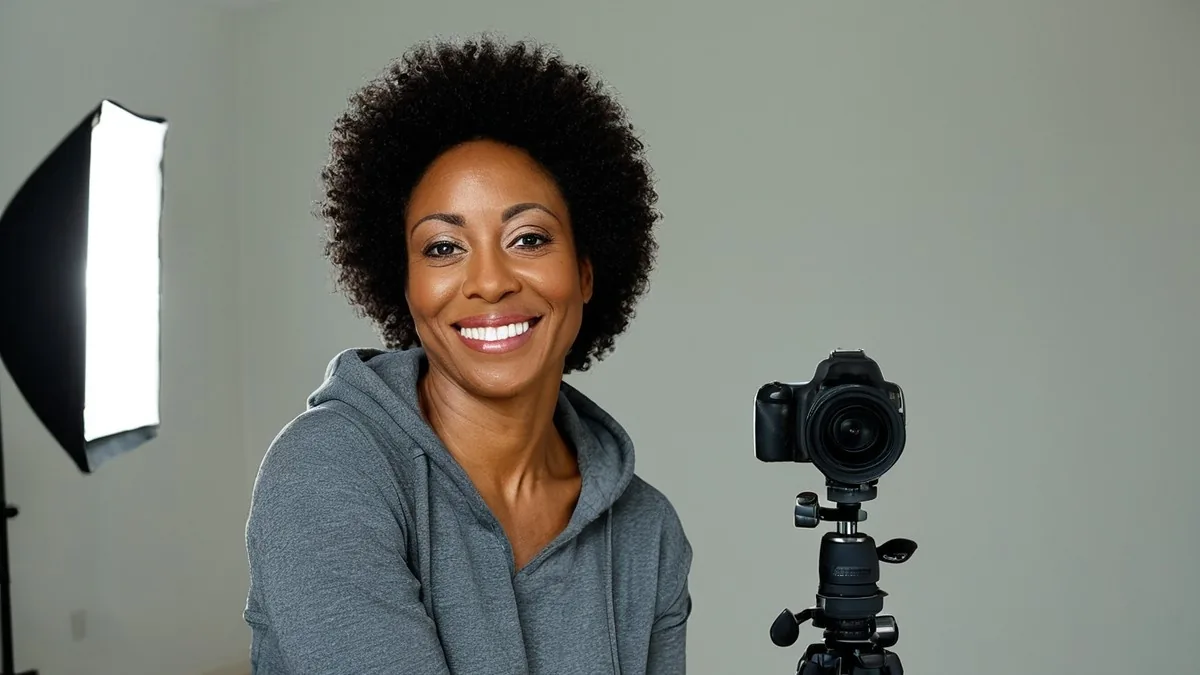 Smiling woman with natural curly hair in a grey hoodie in a studio with a softbox light and a camera on a tripod