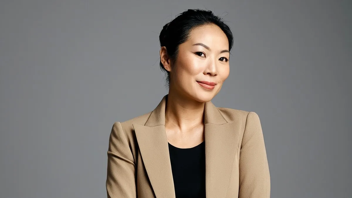Woman with a sleek low bun in a camel blazer posing against a plain grey studio backdrop