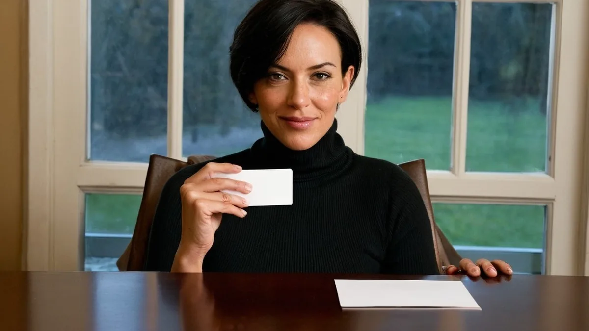 Woman with short dark hair in a black turtleneck holding up a plain card at a table by a window